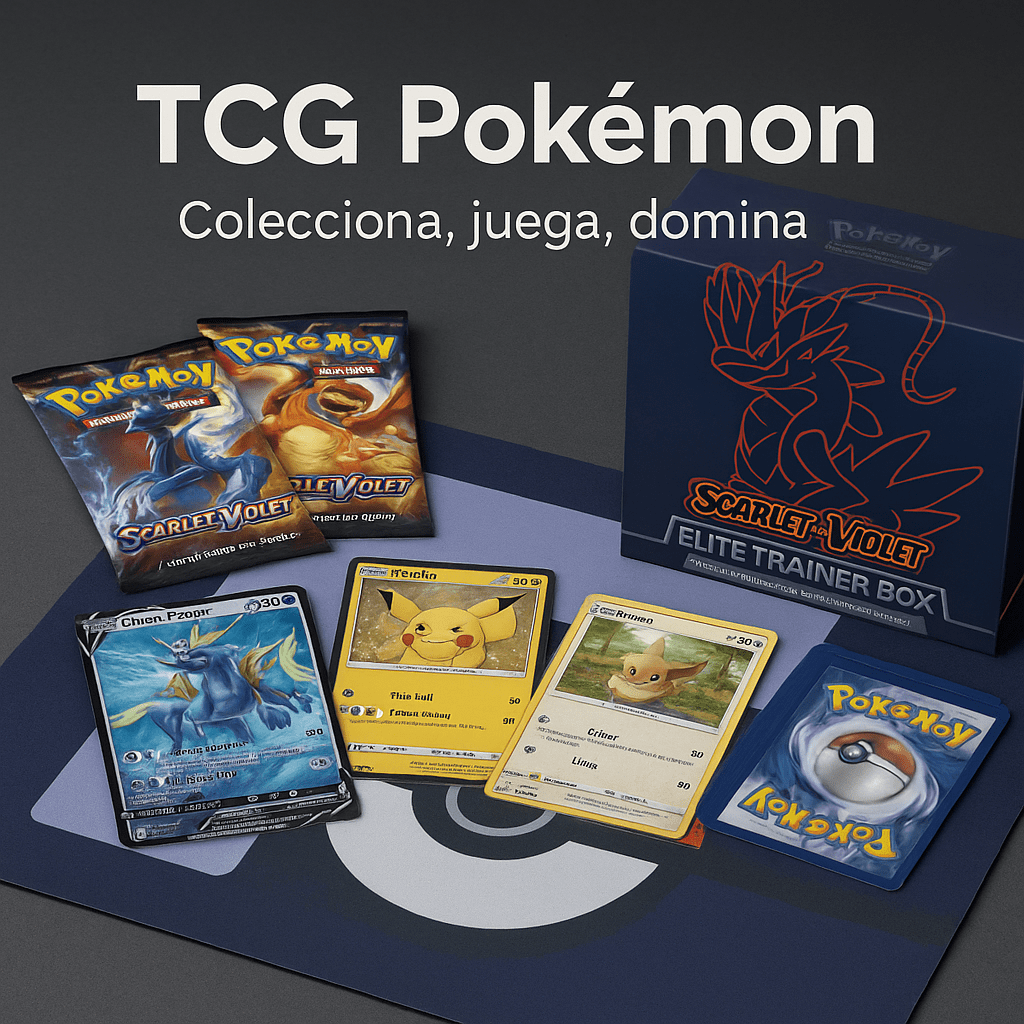 productos del TCG Pokémon incluyendo sobres Scarlet & Violet, cartas de Pikachu y Eevee, y una caja Elite Trainer Box sobre un tapete de juego