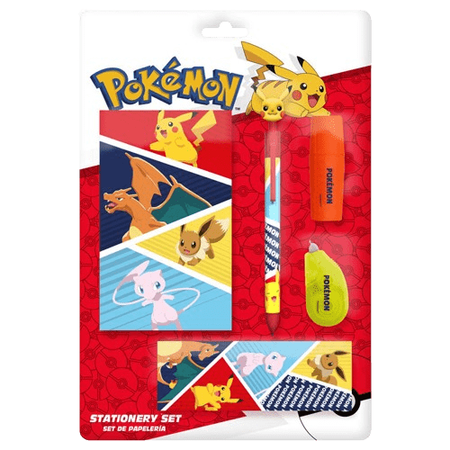 Blister de papelería infantil Pokémon con lápiz, bolígrafo, regla, goma y sacapuntas – diseño Pikachu