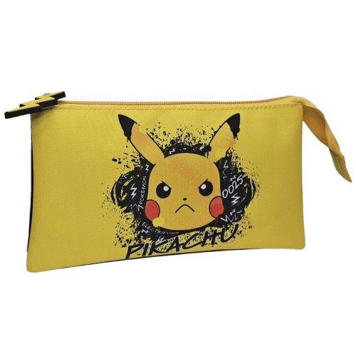 Estuche portatodo triple Pokémon con diseño de Pikachu skater y tres compartimentos con cremallera