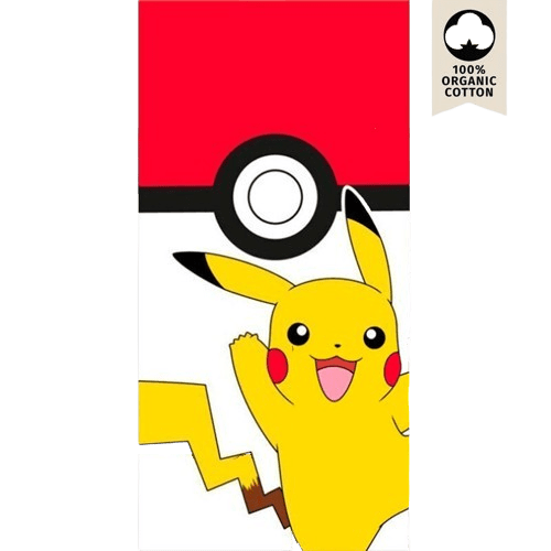 Toalla infantil de algodón con diseño de Pikachu y Pokéball sobre fondo rojo – Pokémon original